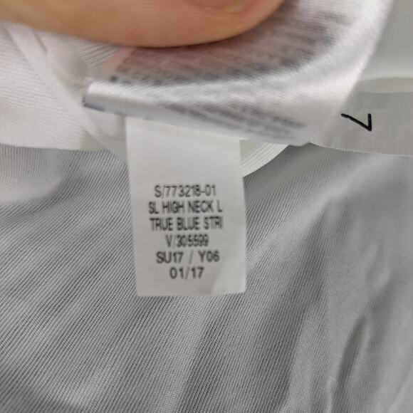 Old Navy Knee Midi Dress M Blue White Stripe Flare Beach Preppy Picnic Natutical - Picture 14 of 14